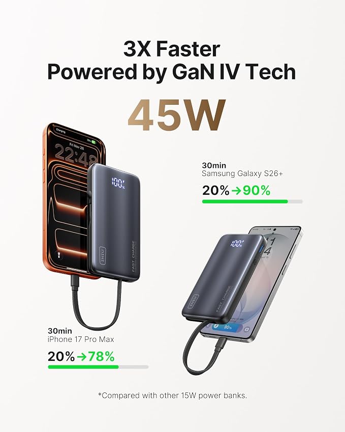 INIU Portable Charger, Ultra Slim 45W Fast Charging Power Bank with Built-in AC Wall Plug, 10000mAh GaN 3-in-1 Battery Pack for Flight-Safe Travel, for iPhone 17 16, Samsung S26, iPad etc, Black