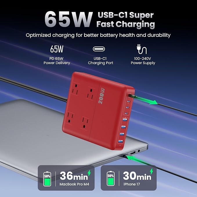 200W Charging Station,12-in-1 USB C Power Strip with Flat Plug and 5ft Extension Cord,4 AC Outlets,4 USB-A,4 USB-C Ports for iPhone 17/16/15,65W PD Fast Laptop Charger for MacBook,Home,Office (Red)