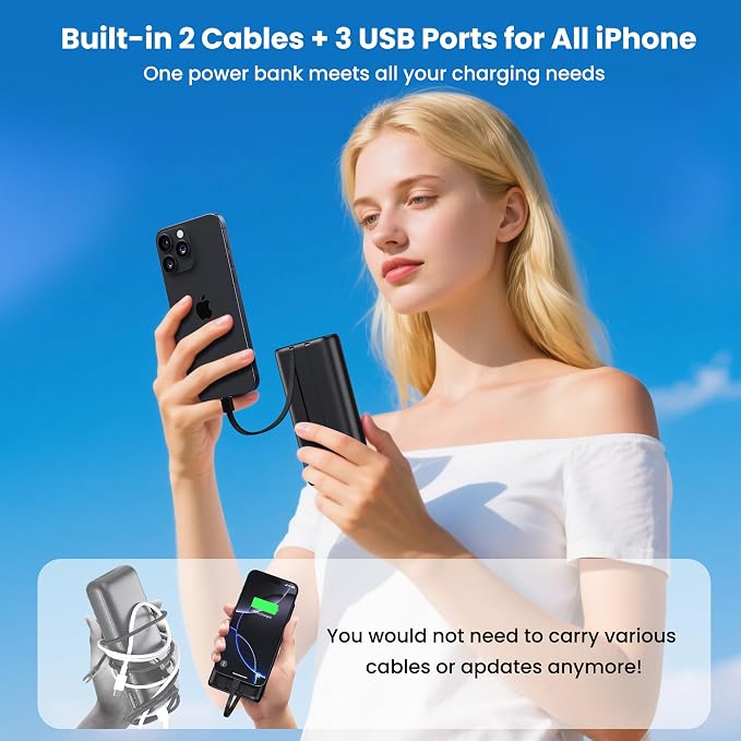 Portable Charger 40800mAh Power Bank with Built-in Cables,25W PD USB C Fast Phone Charging,5 Outputs External Battery Pack Backup,Travel Essential Outdoor for iPhone 17/16/15,Android Galaxy etc