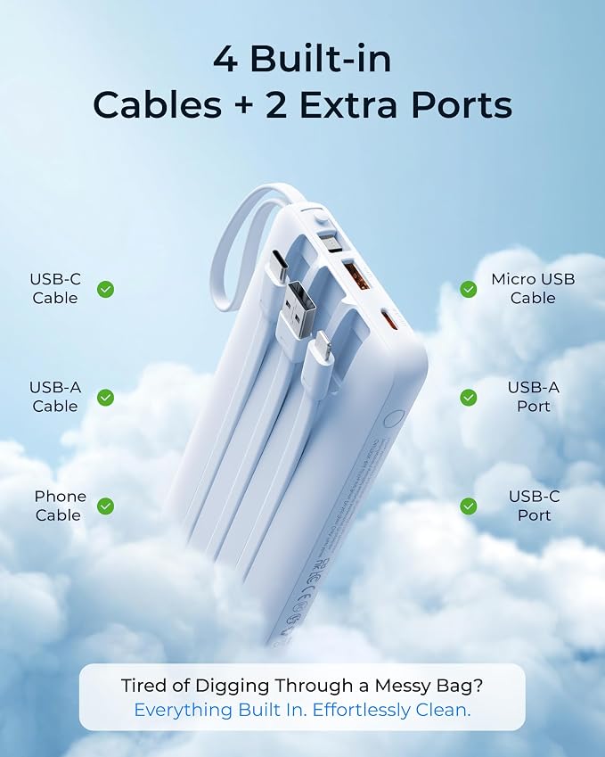 VRURC Portable Charger Slim 20000mAh Power Bank,22.5W PD Fast Charging Travel Essentials Powerbank 4-Built-in-Cables&2 Extra Ports Compatible with iPhone,iPad,Galaxy,Android (Sky-Blue)