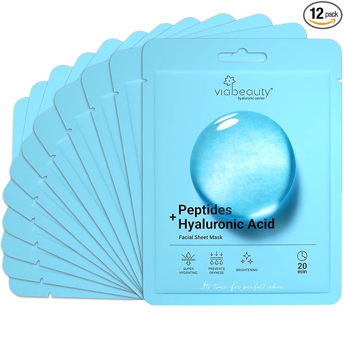 VIABEAUTY 12 Pack of Hyaluronic Acid Face Mask with Peptides Complex - Deep Hydrating & Brightening Facial Sheet Mask - Moisturizing Face Masks Skincare Facial Sheets for All Skin Types