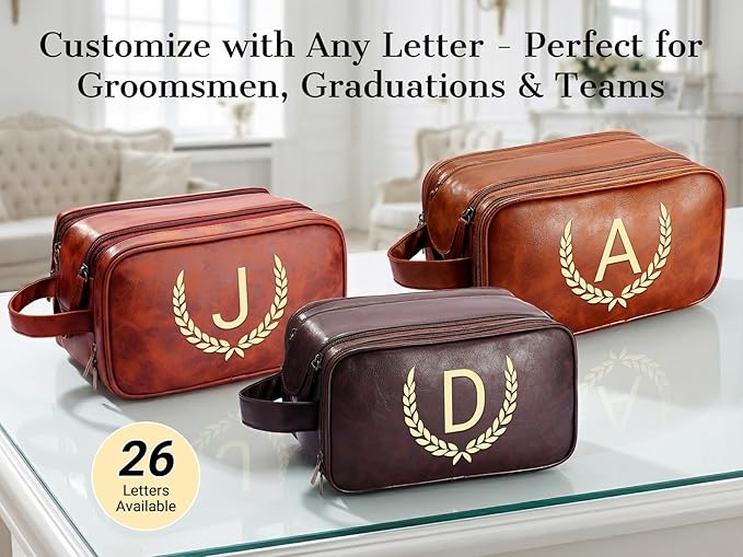 OXYEFEI Personalized Gifts for Men, Personalized Large Toiletry Bag for Men,Custom PU Leather Waterproof Mens Toiletry Travel with Initial Essential Dopp Kit Shaving Bag (A, Tea Brown)