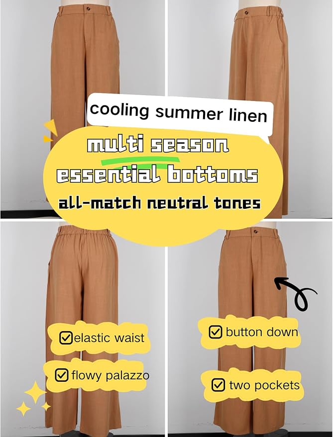 Hooever Womens Cotton Linen Pants Casual Button Up High Waisted Wide Leg Trousers