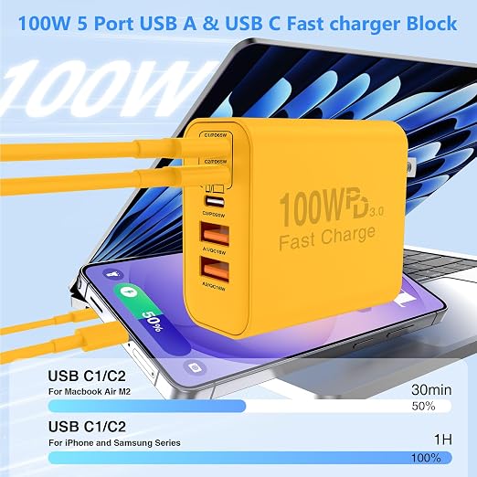 QZIIW USB C Wall Fast Charger Block, 100W 5-Port Type C Fast Charging Block 3 Pack-PD Power Charger Adapter QC 3.0 USB Multiport Charger Brick for iPhone 17 16, Samsung Series MacBook/Air, iPad, etc.