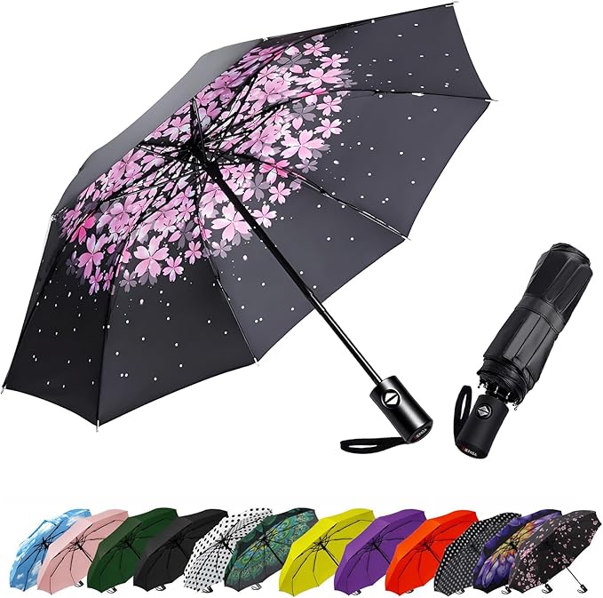SIEPASA Compact Travel Umbrella - Windproof Auto Open/Close, Small Folding Umbrella for Rain & Sun with UPF50+ - Lightweight Frame, Waterproof - Fits Backpack, Purse, Suitcase.(Pink Cherry Bossom)
