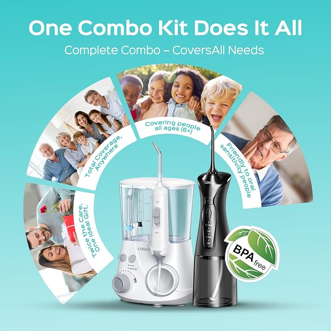 COSLUS Water Dental Flosser Pick for Teeth C30(FC5360): 4 Modes Cordless Portable 300ML Larger Tank Water Teeth Cleaner IPX7 Flossing Cleaning Picks for Home Travel Black White 2Pcs Family Set