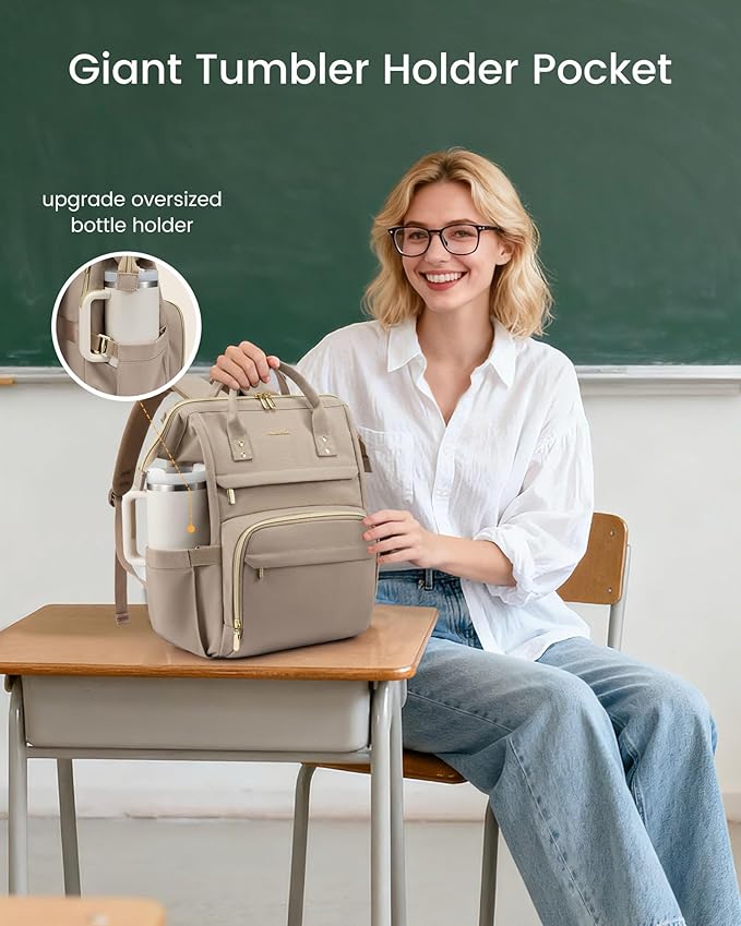 LOVEVOOK Laptop Backpack for Women with Giant Tumbler Holder Pocket,17 inch Waterproof Travel Backpack Purse Computer Laptop Bag,Large Professional Work College Nurse Teacher Backpack,Beige Apricot
