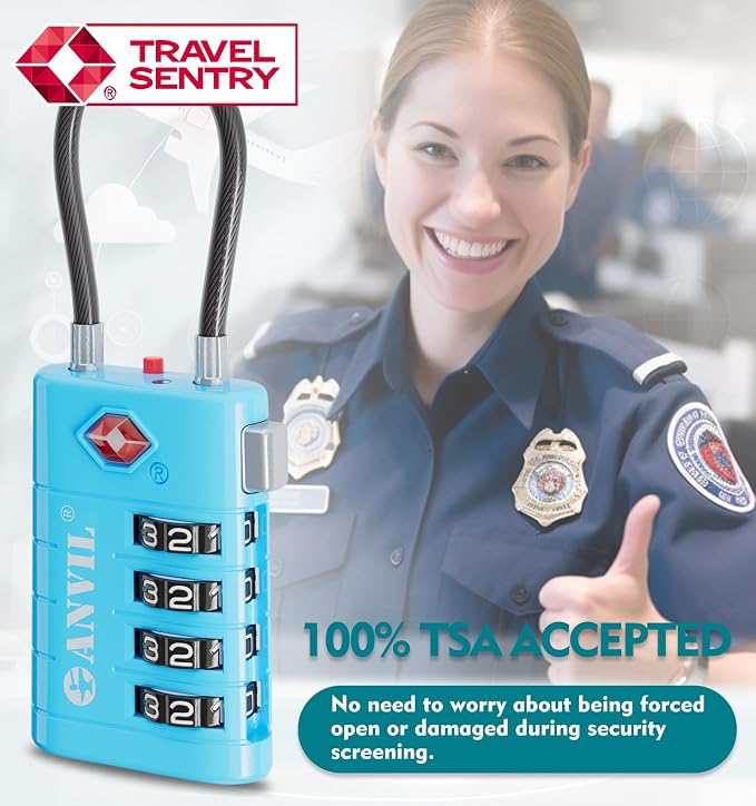ANVIL TSA Approved Luggage Locks with Search Alert Indicator, 4-Digit Combination Suitcase Lock, Advanced TSA008 Core Heavy Duty Anti-Theft Travel Lock for Double Zippers, Backpacks