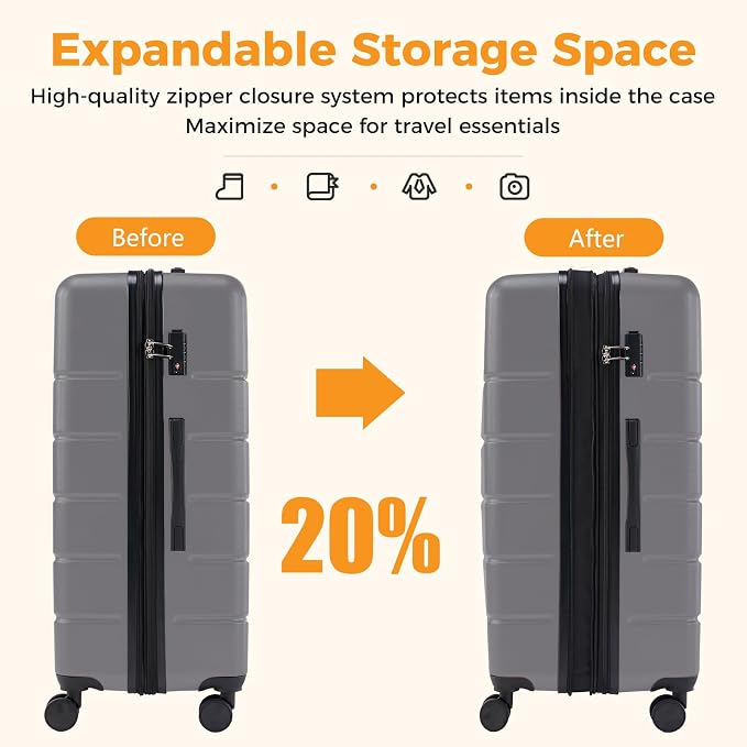 NEWBULIG 28 Inch Checked Luggage, ABS Hard Shell Lightweight Rolling Expandable Suitcase with Smooth Spinner Wheels and TSA Lock for Business Trips and Daily Vacations, Dark Grey