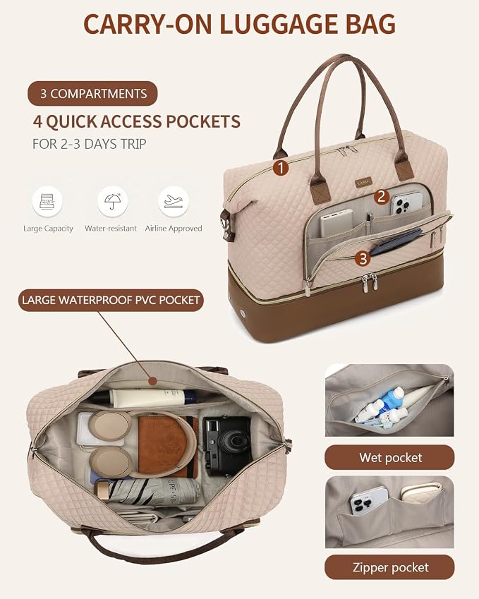 Weekender Bags for Women Travel, Under Seat Carry On Bags for Airplanes Overnight Bag with Shoe Compartment Luggage Sleeve, Foldie Travel Tote Bag Hospital Bag, Travel Gifts, Nude Brown