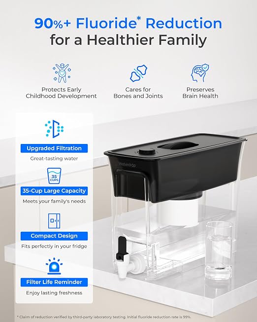 Waterdrop WFD-02L Water Filter Dispenser, Fluoride Reduction, 35-Cup with 1 Filter, 150-Gallon Long-Life, Large Capacity, Reduces Chlorine, PFOA/PFOS and More, BPA Free, Black