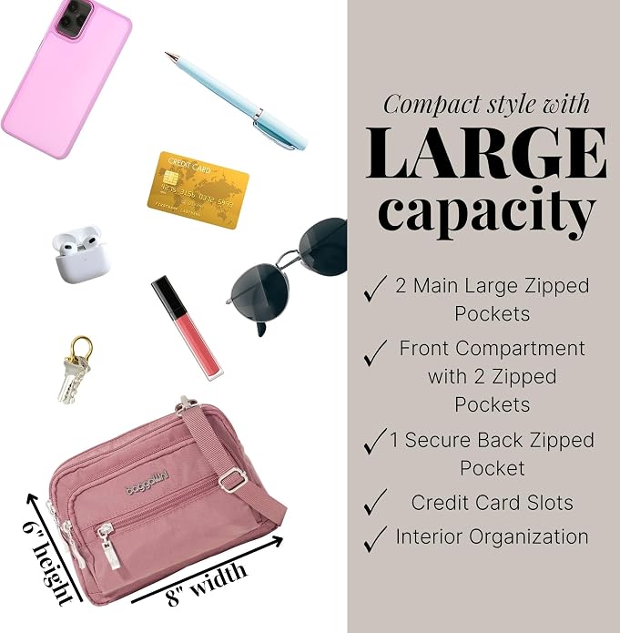 Baggallini Triple Zip Small Crossbody Bag for Women - Lightweight Convertible Fanny Pack Belt Bag