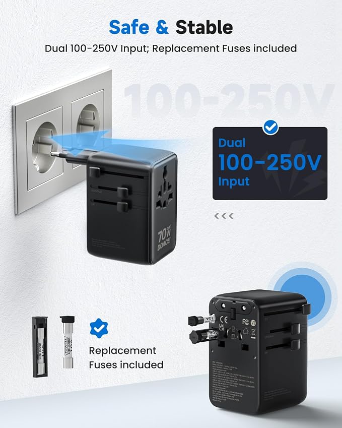 DOACE 70W Universal Travel Adapter, 6-in-1 International Power Adapter with Built-in USB-C Cable, PD Fast Charging Worldwide Wall Charger for EU/UK/US/AU