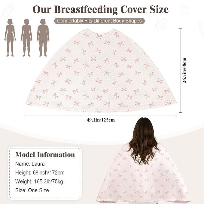 Basumee Nursing Cover for Breastfeeding Breathable Mesh 360 Full Privacy Nursing Wrap Multi-Use Breast Feeding Covers for Women Moms Feeding Essentials, Dusty Pink Bows, 1 Pack