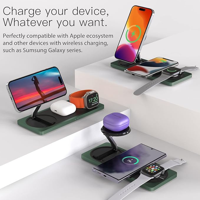 PETINO 3 in 1 Wireless Charging Station for Apple Devices with MagSafe | For iPhone 17/Air/16/15/14/13/12, AirPods & Apple Watch, Foldable Portable Aluminum Charging Stand, Adapter Included