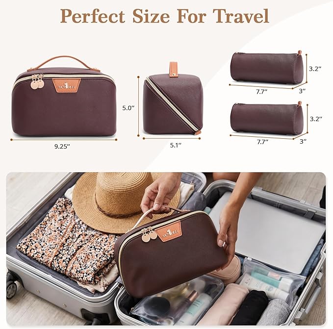 Travel Makeup Bag for Women: 3-in-1 Large Capacity Cosmetics Organizer with 2 Detachable Pouch - Vegan Leather Flat Open Toiletry Bag - Travel Essentials for Full-Sized Bottles(Coffee)