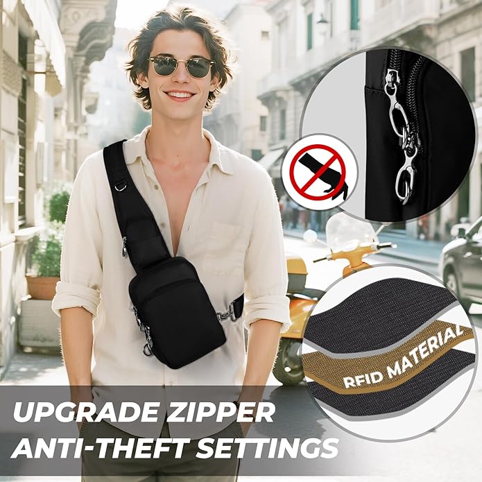 Crossbody Bag Anti Theft Sling Bag for Women Men RFID Blocking, Small Shoulder Chest Bags with Zipper Lock