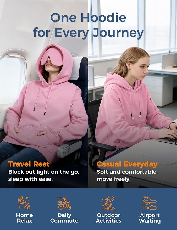 Travel Hoodie with Built-In Eye Mask for Airplane Travel Breathable Comfort Pullover Sweatshirt Multiple Pockets
