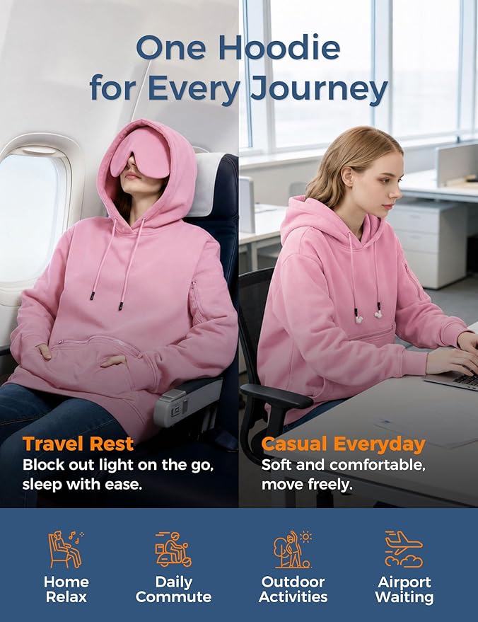 Travel Hoodie with Built-In Eye Mask for Airplane Travel Breathable Comfort Pullover Sweatshirt Multiple Pockets