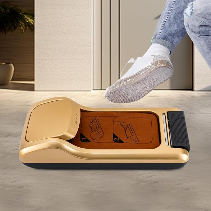 Automatic Shoe Cover Dispenser, Shoe Wrapping Machine with 200pcs Disposable Shoe Covers, Portable Disposable Overshoes Dispenser for Home,Indoors,House,Office,Supermarket,Factory (Gold)