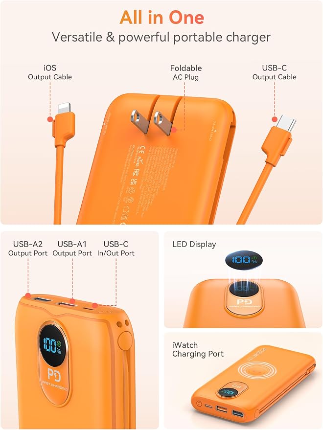 Portable Charger, 10000mAh 20W Fast Charging Power Bank with Built in Cables & AC Wall Plug & LED Display, Travel Essentials Battery Pack Powerbank for iPhone, iPad, iWatch, Samsung, Orange