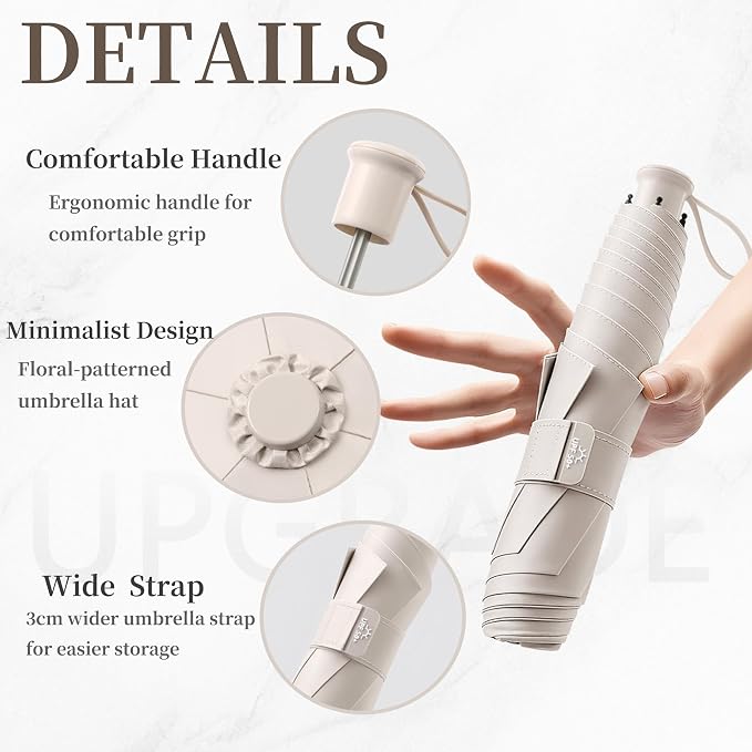 Travel Folding Extra-Large Carbon Umbrella,Ultra-Lightweight/Thin,Compact,Portable,110cm Large Canopy,3cm Wide Umbrella Strap,Teflon Coating,Anti UV,UPF50+,Sun/Rain,6Ribs,Men/Women/Kids,Backpack/Car