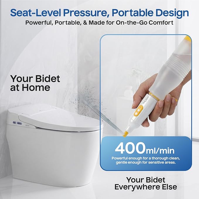 BIDET BUDDY® PureJet Portable Bidet for Travel– Self-Cleaning Retractable Nozzle, 550ml Bottle, IPX7 Waterproof, USB-C Rechargeable, High-Pressure Hygiene Device, Versatile Power Modes – Arctic White