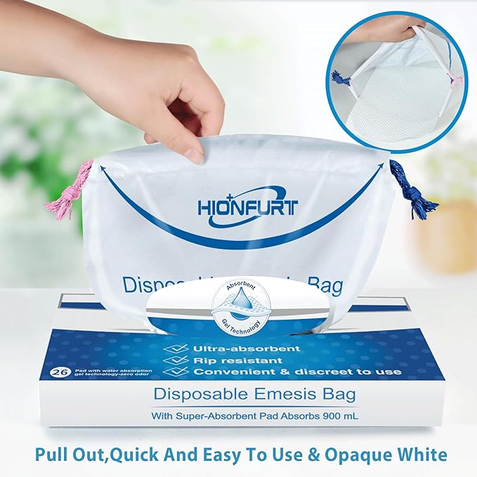 Hionfurt Absorbent Vomit Bag Disposable,26 Pcs Emesis Bags-Turns Vomit into Gel,Leak Resistant Barf Bag,900ml Portable Nausea Bags for Travel Motion Sickness,Pregnancy,Kids,Taxi,car