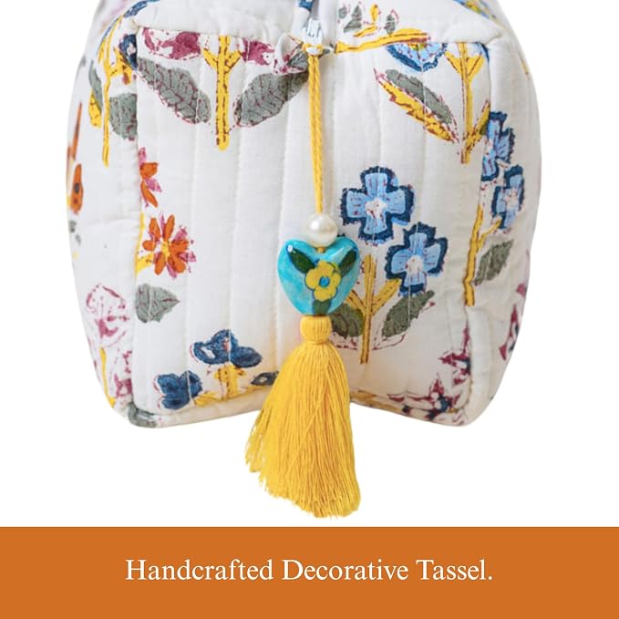 Saffron Marigold Quilted Makeup Bag Set of 3, Hand Block Printed Cotton Cosmetic Bags for Women, Waterproof Lined Travel Toiletry Bag, Coquette Floral Aesthetic, Handmade Gift, Wildflower Fields