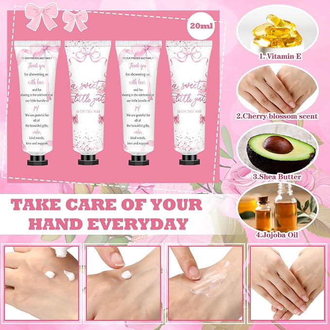 50 Sets 200 Pcs Coquette Pink Bow Baby Shower Gifts Bulk Hand Lotion and Lip Balm Party Favors Theme Baby Shower Travel Size Hand Lotion and Lip Balm with Organza Bags Tags