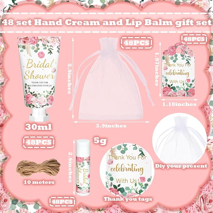 48 Sets Bridal Shower Gifts for Guest Set Wedding Hand Cream and Lip Balm Rose Flower Bridal Shower Party Favor Prizes with Thank You Cards Organza Bags Tags for Guest Women Men Friend Wedding