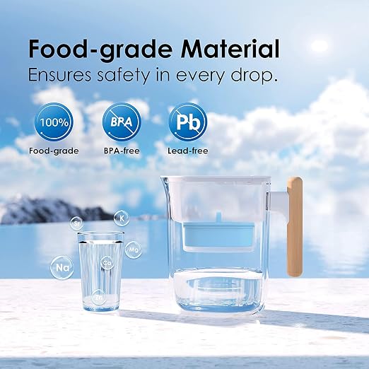 Waterdrop PT-04C-A Alkaline Water Filter Pitcher, 10-Cup Capacity, Healthy, Clean & Toxin-Free Mineralized Alkaline Water, Up to pH 9.5, BPA-Free, 100 Gallons, Sturdy Wooden Handle, Clear
