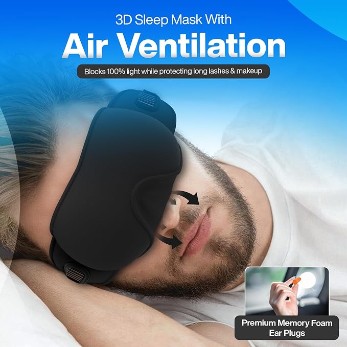 4-in-1 Travel Set – Inflatable Neck Pillow, Convertible Lumbar Support & Foot Hammock, 3D Sleep Mask & Ear Plugs – Complete Comfort Kit for Airplane, Office & Car – Gift-Ready (Black)