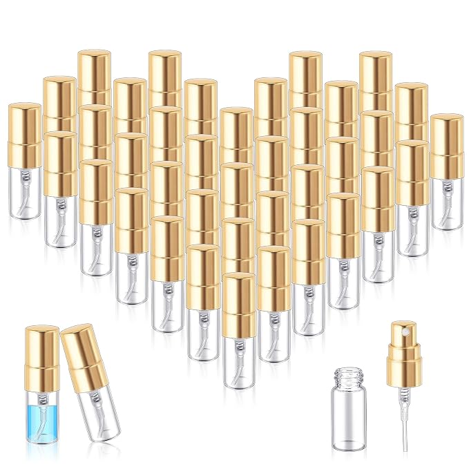 Zhehao 1 Pcs Mini Spray Bottles Clear Glass Perfume Bottles Refillable Fine Mist Perfume Atomizer Portable Empty Sample Containers for Cleaning, Essential Oils, Travel (Gold Cap,2 ml)