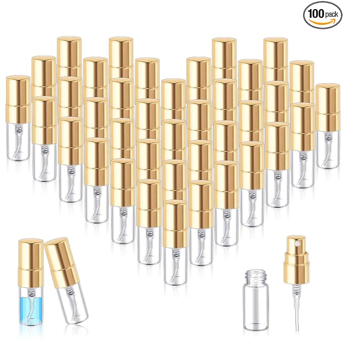 Zhehao 100 Pcs Mini Spray Bottles 2 ml Clear Glass Perfume Bottles Refillable Fine Mist Perfume Atomizer Portable Empty Sample Containers for Cleaning, Essential Oils, Travel (Gold Cap)