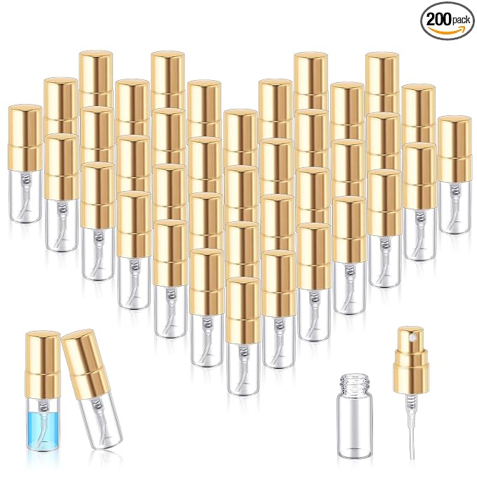 Zhehao 200 Pcs Mini Spray Bottles 2 ml Clear Glass Perfume Bottles Refillable Fine Mist Perfume Atomizer Portable Empty Sample Containers for Cleaning, Essential Oils, Travel (Gold Cap)