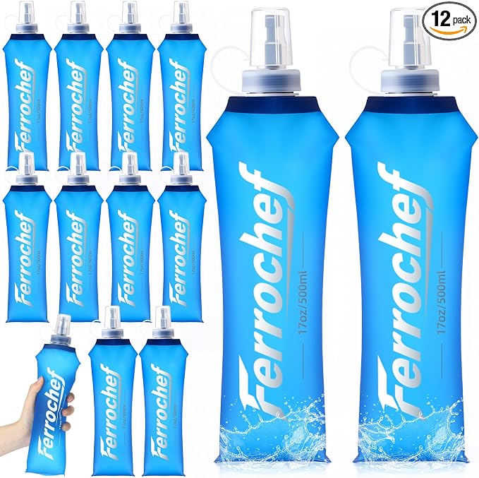 12 Pcs Soft Flask 17oz/500ml TPU Collapsible Water Bottle Foldable Hydration Flask for Running Hiking Cycling Climbing