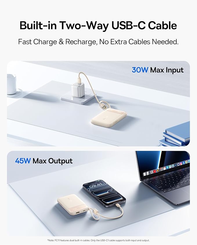 Baseus 45W Ultra Slim 10000mAh Power Bank Built-in USB-C Cables, CCC Certified Portable Charger, Travel Essential Fast Charging Pocket Size Phone Battery Pack for iPhone 17 16 Samsung S25 S24 iPad