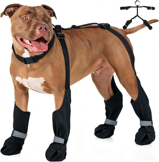 Dog Suspenders Boots, Winter Snow Shoes for Medium Dogs, Waterproof Dog Boots for Rain Mud, Anti-Slip Stay-On for Active Dogs, Adjustable Reflective Paw Protector for Walking Hiking, L Black