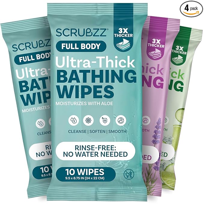 Extra Large Bath Wipes for Adults Bathing No Rinse - 40 Ultra Thick Disposable Body Cleansing Wipes for Men, Women & Elderly - Great for Gym, Camping, Post Surgery - Variety Pack