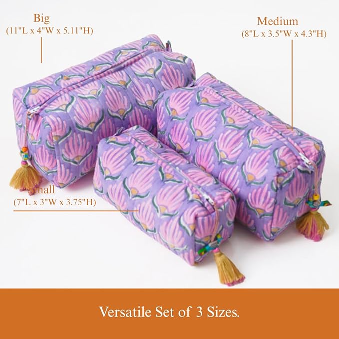 Saffron Marigold Quilted Makeup Bag Set of 3, Hand Block Printed Cotton Cosmetic Bags for Women, Waterproof Lined Travel Toiletry Bag, Coquette Floral Aesthetic, Handmade Gift, Lilac Flame