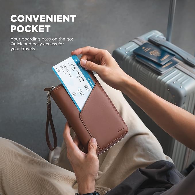 VULKIT Family Passport Holder for 4 Passports - RFID Blocking Travel Wallet Holds Up to 5, Organizer with 4 Slots for Cards & SIM, Secure Zipper Closure, Family Travel Essentials (Espresso)