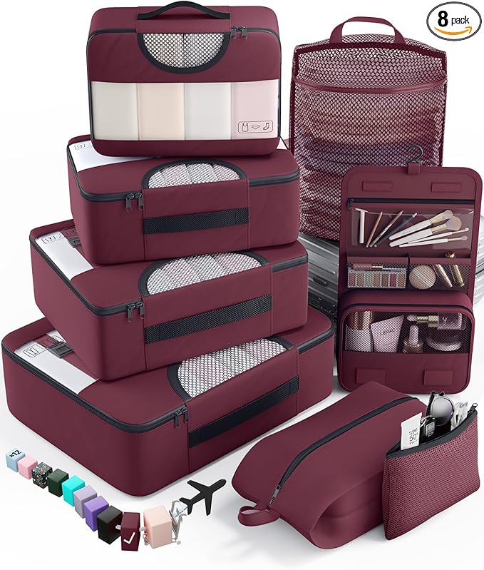 Veken 8 Set Packing Cubes for Travel Essentials, Suitcase Organizer Bags in 4 Sizes, Carry-On Luggage Accessories with Large Laundry Bag & Passport Holder, Must-Have for Airplane, Road Trip & Camping