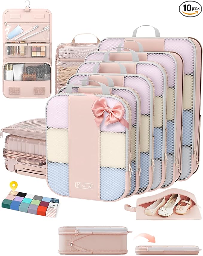 10 Set Compression Packing Cubes for Travel Gifts Mom Women,OlarHike Luggage Clothes Garment Bags for Travelers,Airplane/Cruise/Car Travel Essentials,Compressible Expandable Saver Space Bags(Beige)