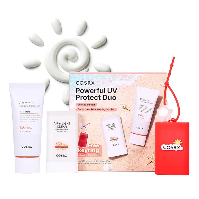 COSRX Vitamin E Sunscreen & Airy Light Clear Sunscreen Stick with Free Keyring, Amazon Exclusive, Korean Sunscreen, Beach Essentials, Travel Essentials, Korean Skincare Set Mothers Day Gifts for Woman