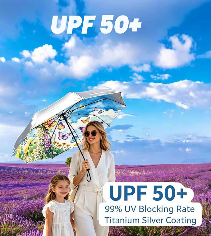 SIEPASA Compact Travel Umbrella - Windproof Auto Open/Close, Small Folding Umbrella for Rain & Sun with UPF50+ - Lightweight Frame, Waterproof - Fits Backpack, Purse, Suitcase.(Silver/Butterfly)