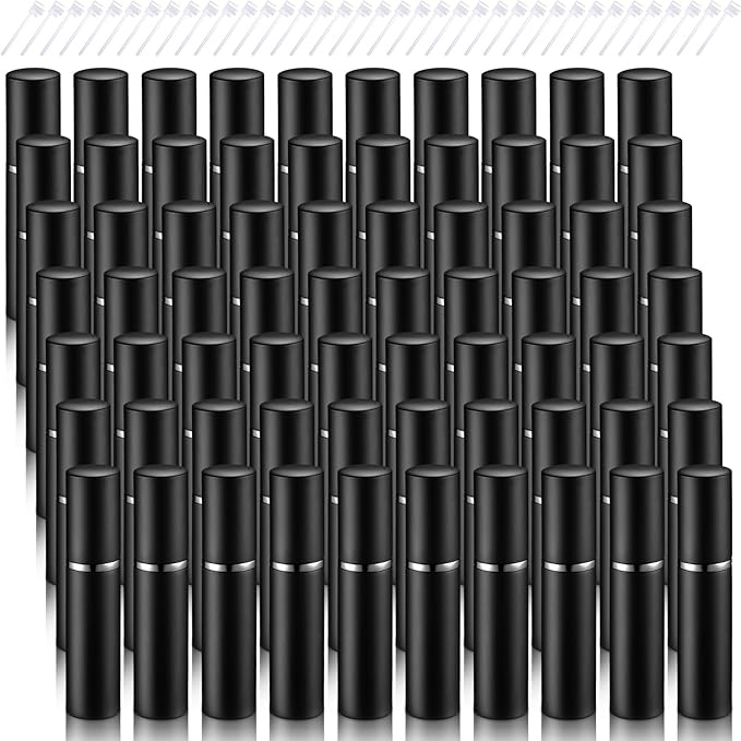 Motiskyy 70 Pcs 5 ml Refillable Perfume Atomizers Bulk - Mini Travel Cologne Sprayers with Refill Pump & Transfer Tool for Perfume Makers & Small Studios(Black)