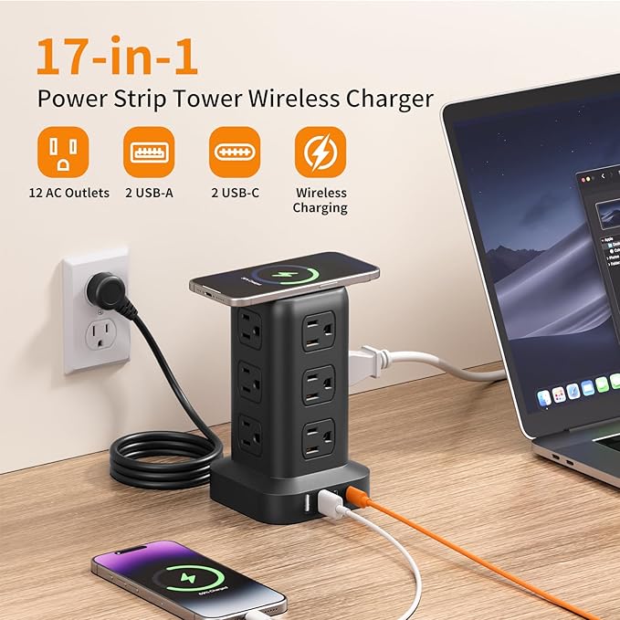 Extension Cord with Multiple Outlets, SMALLRT Surge Protector Power Strip Tower, 10FT Outlet Extender with 12 AC Outlets 4 USB, Power Strip with USB Ports for Home Office Dorm Room,Overload Protection