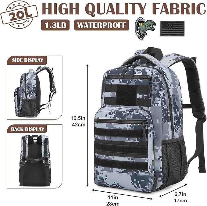 Kids Tactical Backpack Army Molle Bookbag Military Boys Backpack for School, Outdoor, Camping, Black Digital CM