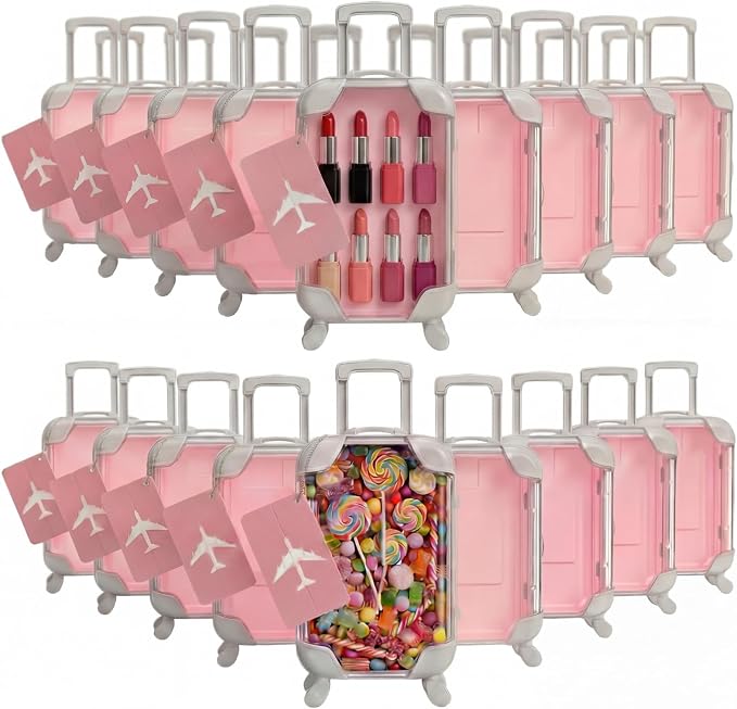 Teecyhooo 20 Pcs Mini Suitcase Party Favor Boxes and 20 Pcs Metal Luggage Tags with Card, Clear Mini Luggage Gift Boxes for Girls Wedding Travel Birthdays Bachelorette (6.5 x 2.8 x 1.4 Inch,Pink)